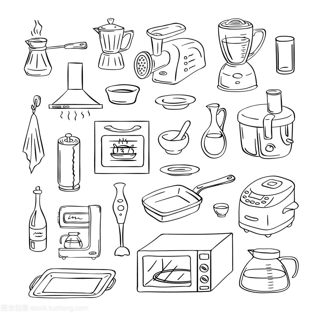 矢量手繪廚房用具涂鴉圖標設置插圖
